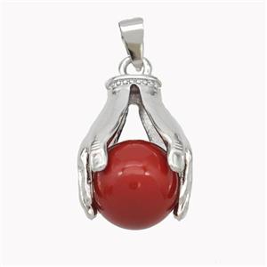 Copper Hand Pendant Pave Pearlized Resin Ball Red Platinum Plated, approx 16mm, 20-25mm [FN49487-16MM]
