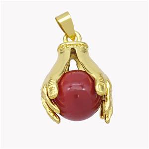 Copper Hand Pendant Pave Pearlized Resin Ball Red Gold Plated, approx 13mm, 20-25mm [FN49488-13MM]