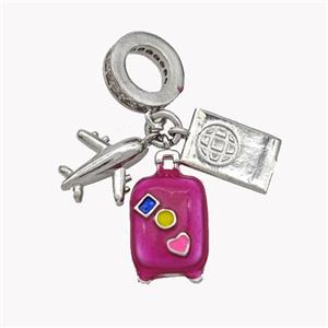 Airplanet and Travel-box Pendant Hotpink Enamel Platinum Plated, approx 11mm, 10-14mm, 10mm dia [FN49499]