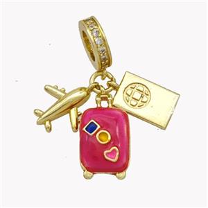 Airplanet and Travel-box Pendant Hotpink Enamel Gold Plated, approx 11mm, 10-14mm, 10mm dia [FN49500]