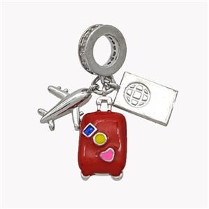 Airplanet and Travel-box Pendant Red Enamel Platinum Plated, approx 11mm, 10-14mm, 10mm dia [FN49501]