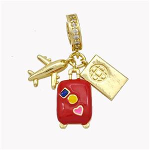 Airplanet and Travel-box Pendant Red Enamel Gold Plated, approx 11mm, 10-14mm, 10mm dia [FN49502]