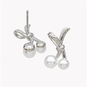 Copper Bowknot Stud Earrings Pave Pearlized Resin Platinum Plated, approx 11-18mm [FN49509]
