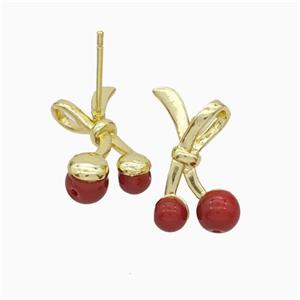 Copper Bowknot Stud Earrings Pave Pearlized Glass Gold Plated, approx 11-18mm [FN49512]