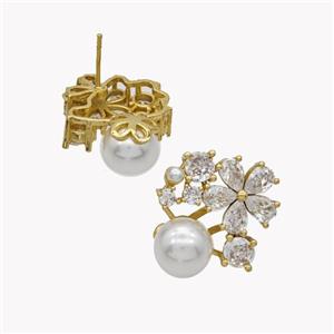 Copper Flower Stud Earrings Pave Pearlized Resin Zirconia Gold Plated, approx 10mm, 21-25mm [FN49514]