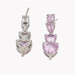 Copper Heart Stud Earrings Pave Zirconia Platinum Plated, approx 5-8-28mm [FN49519]
