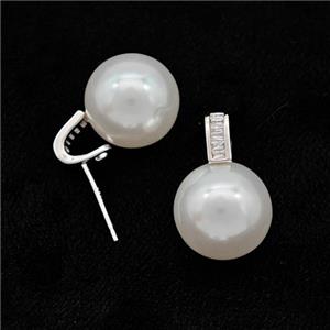 925 Sterling Silver Stud Earrings Pave Pearlized Resin Platinum Plated, approx 12-19mm [FN49521]