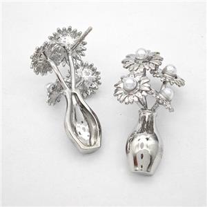 Copper Flower Stud Earrings Pave Pearlized Resin Plant Platinum Plated, approx 18-30mm [FN49530]