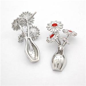 Copper Flower Stud Earrings Red Enamel Plant Platinum Plated, approx 18-30mm [FN49531]