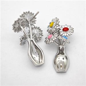 Copper Flower Stud Earrings Multicolor Enamel Plant Platinum Plated, approx 18-30mm [FN49532]