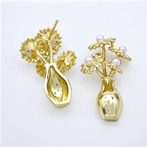 Copper Flower Stud Earrings Pave Pearlized Resin Plant Gold Plated, approx 18-30mm [FN49533]