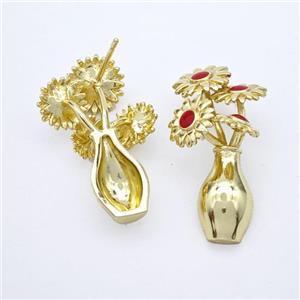 Copper Flower Stud Earrings Red Enamel Plant Gold Plated, approx 18-30mm [FN49534]