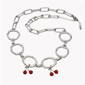 Copper Necklace With Cherry Red Enamel Platinum Plated, approx 10-15mm, 20mm, 44-49cm length [FN49538]