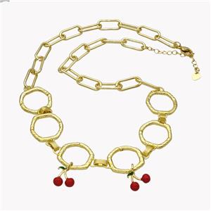Copper Necklace With Cherry Red Enamel Gold Plated, approx 10-15mm, 20mm, 44-49cm length [FN49539]