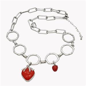 Copper Necklace With Strawberry Red Enamel Platinum Plated, approx 8-10mm, 18-22mm, 44-49cm length [FN49550]