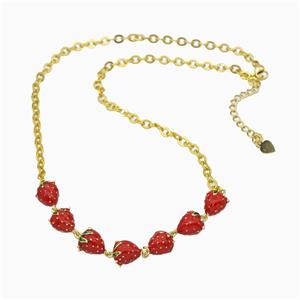 Copper Strawberry Necklace Red Enamel Gold Plated, approx 8-10mm, 40-45cm length [FN49558]