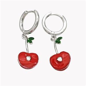 Copper Cherry Hoop Earrings Red Enamel Platinum Plated, approx 10-20mm, 14mm dia [FN49594]