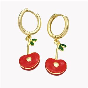 Copper Cherry Hoop Earrings Red Enamel Gold Plated, approx 10-20mm, 14mm dia [FN49595]