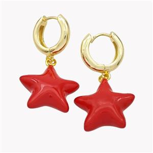 Copper Star Hoop Earrings Red Enamel Gold Plated, approx 20mm, 15mm dia [FN49596]