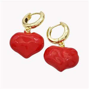 Copper Heart Hoop Earrings Red Enamel Gold Plated, approx 21mm, 15mm dia [FN49597]