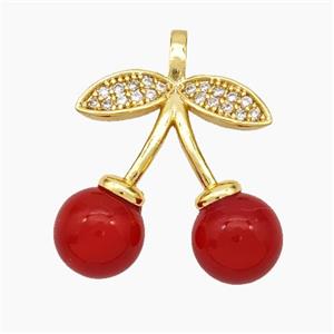 Copper Cherry Pendant Pave Red Pearlized Resin Gold Plated, approx 20-22mm [FN49603]