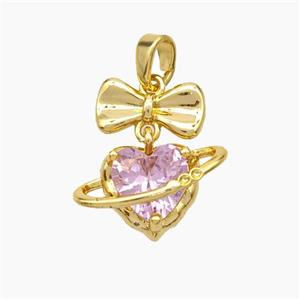 Copper Bow Heart Pendant Pave Pink Crystal Glass Gold Plated, approx 16-17mm [FN49607]