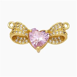 Copper Bow Heart Pendant Pave Pink Crystal Glass Zirconia 2loops Gold Plated, approx 11-22mm [FN49608]