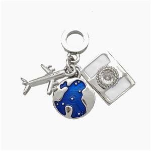 Copper Airplane Camera And Earth Pendant Pave Zirconia Enamel Platinum Plated, approx 10-12mm, 8mm dia [FN49611]