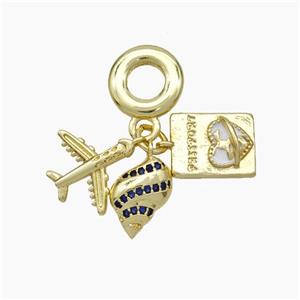 Copper Airplane Passport And Nautilus Shell Pendant Pave Zirconia Enamel Heart Gold Plated, approx 10-12mm, 10mm dia [FN49612]