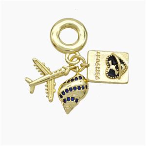 Copper Airplane Passport And Nautilus Shell Pendant Pave Zirconia Enamel Heart Gold Plated, approx 10-12mm, 10mm dia [FN49613]