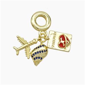 Copper Airplane Passport And Nautilus Shell Pendant Pave Zirconia Enamel Heart Gold Plated, approx 10-12mm, 10mm dia [FN49614]
