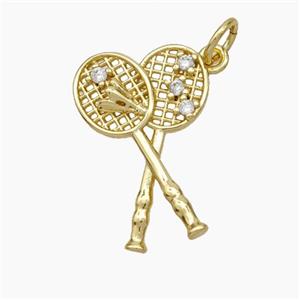 Badminton Racket Charms Copper Pendant Pave Zirconia Sports Gold Plated, approx 12-20mm [FN49680]