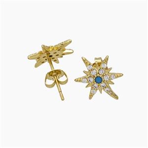 Copper Star Stud Earrings Pave Zirconia Gold Plated, approx 10-13.5mm [FN49777]