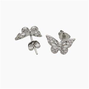 Copper Butterfly Stud Earrings Pave Zirconia Platinum Plated, approx 8-12mm [FN49778]