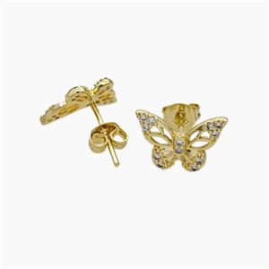 Copper Butterfly Stud Earrings Pave Zirconia Gold Plated, approx 8-12mm [FN49779]