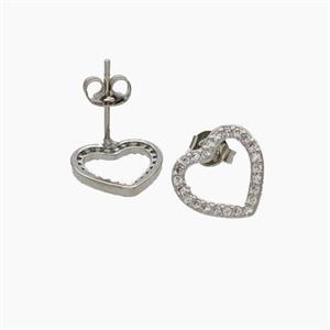 Copper Heart Stud Earrings Pave Zirconia Platinum Plated, approx 11mm [FN49782]