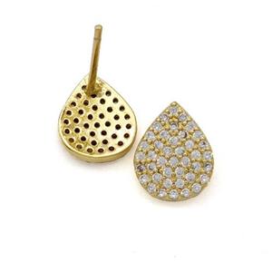 Copper Teardrop Stud Earrings Pave Zirconia Gold Plated, approx 8-10mm [FN49785]