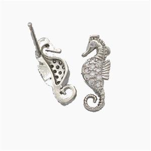 Copper Seahorse Stud Earrings Pave Zirconia Platinum Plated, approx 5.5-14mm [FN49786]