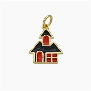 Halloween Castle Charms Copper House Pendant Black Red Enamel Gold Plated, approx 12-13mm [FN49836]