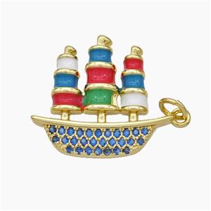 Ship Charms Copper Sailboat Pendant Pave Zirconia Multicolor Enamel Gold Plated, approx 21-22mm [FN49849]