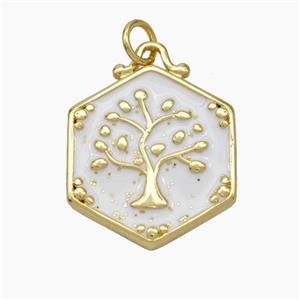 Copper Tree Pendant White Enamel Hexagon Gold Plated, approx 20mm [FN49852]