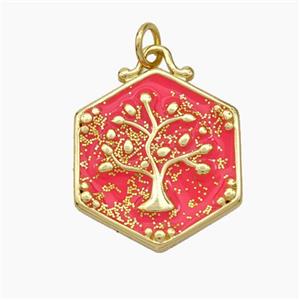 Copper Tree Pendant Red Enamel Hexagon Gold Plated, approx 20mm [FN49853]