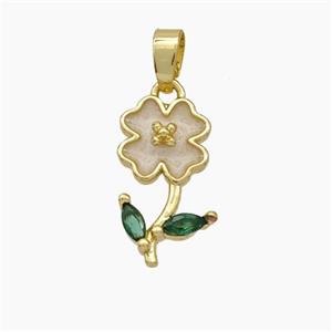 Copper Flower Pendant Pave Zirconia White Enamel Gold Plated, approx 9-16mm [FN49854]