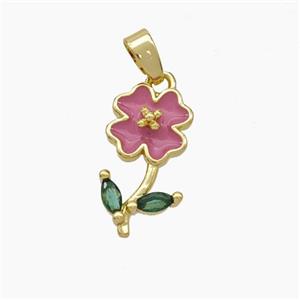 Copper Flower Pendant Pave Zirconia Pink Enamel Gold Plated, approx 9-16mm [FN49855]