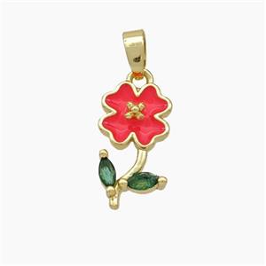 Copper Flower Pendant Pave Zirconia Red Enamel Gold Plated, approx 9-16mm [FN49856]