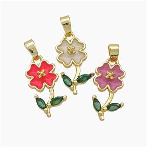 Copper Flower Pendant Pave Zirconia Enamel Gold Plated Mixed, approx 9-16mm [FN49857]