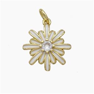 Copper Flower Pendant Pave Zirconia White Enamel Gold Plated, approx 15mm [FN49858]