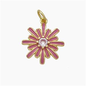 Copper Flower Pendant Pave Zirconia Pink Enamel Gold Plated, approx 15mm [FN49859]