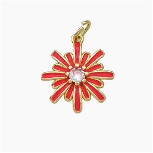 Copper Flower Pendant Pave Zirconia Red Enamel Gold Plated, approx 15mm [FN49860]