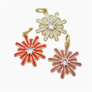 Copper Flower Pendant Pave Zirconia Enamel Gold Plated Mixed, approx 15mm [FN49861]